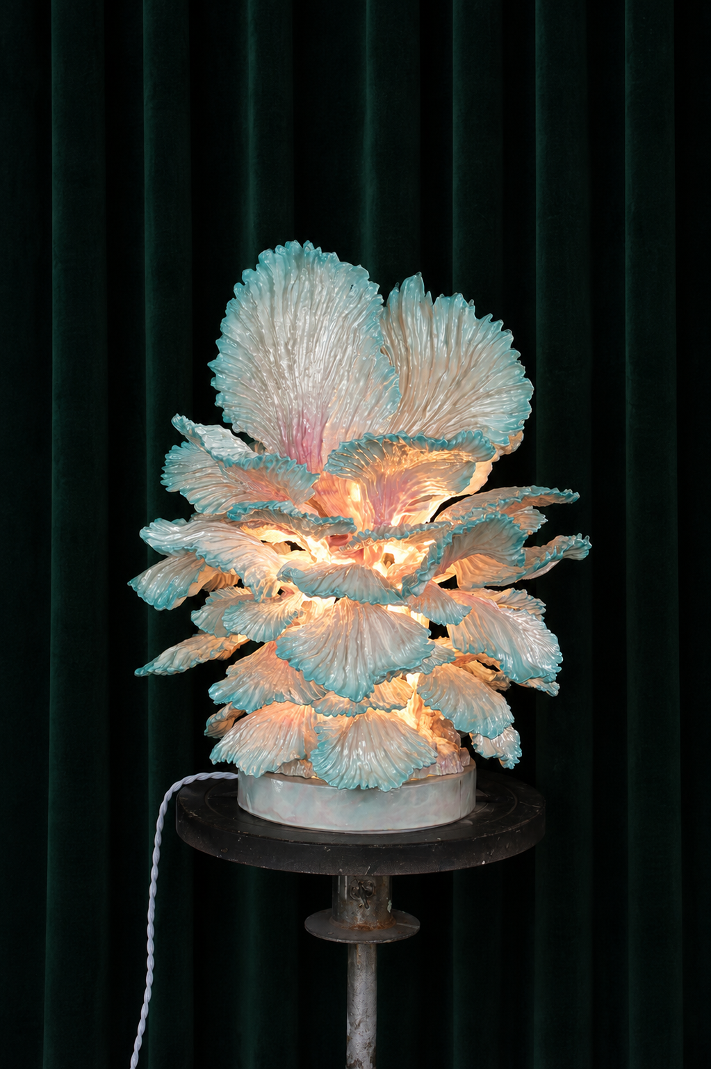 CHINESE RESTAURANT 33 — sculptural table lamp by Teemu Salonen, hand-finished petals in pale pink and white with teal tips, LED light, unique