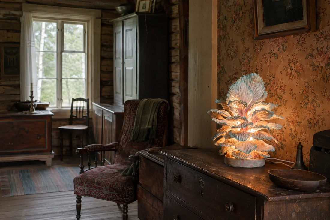 Unique sculptural table lamp in old interior. Finnish designer artist Teemu Salonen