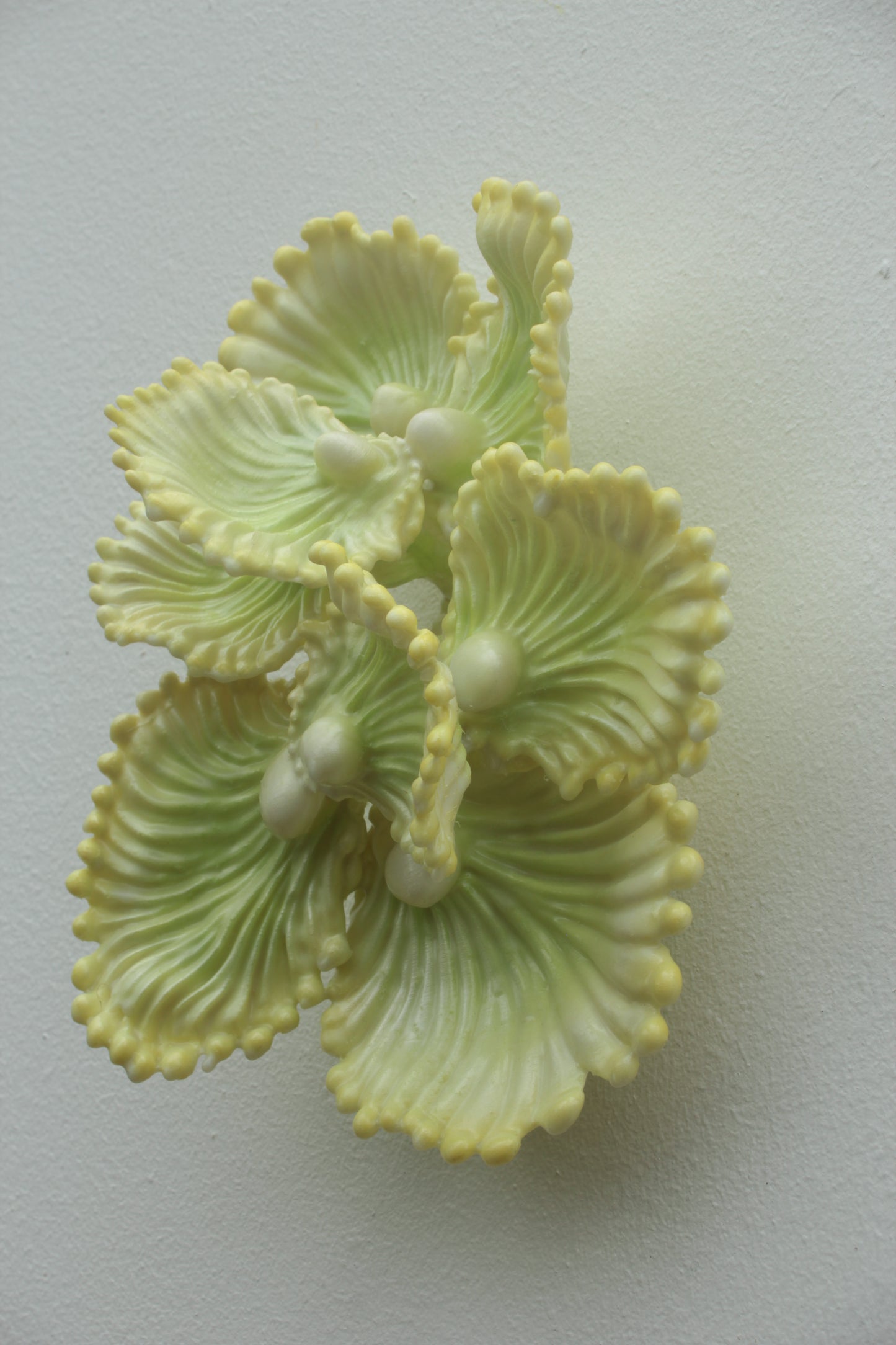 Blooming Coral No. 7 is a small wall sculpture from Teemu Salonen’s ongoing Blooming Coral series. jewel-like presence: a clustered organic form that sits lightly on the wall while still carrying the tactile richness of a sculptural object. 3d-printed PLA, polyester resin, airbrush paint