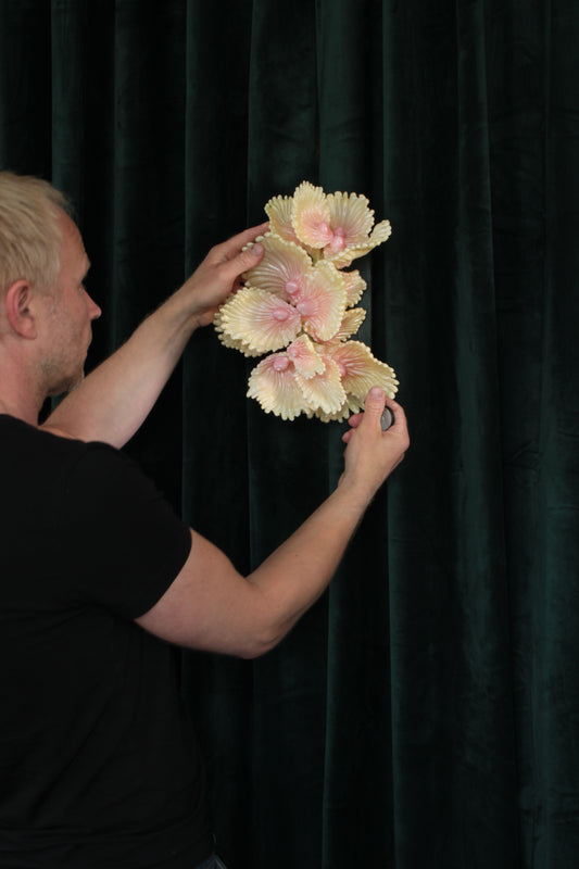 Blooming Coral nro 3 — wall sculpture by Teemu Salonen, painted PLA with resin coating, wall installation view