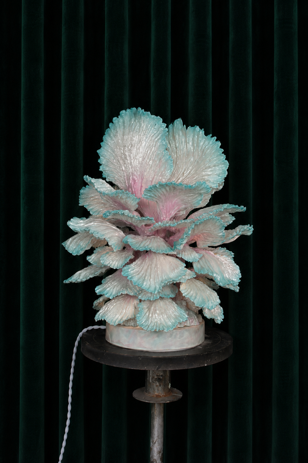 CHINESE RESTAURANT 33 — sculptural table lamp by Teemu Salonen, hand-finished petals in pale pink and white with teal tips, LED light, unique