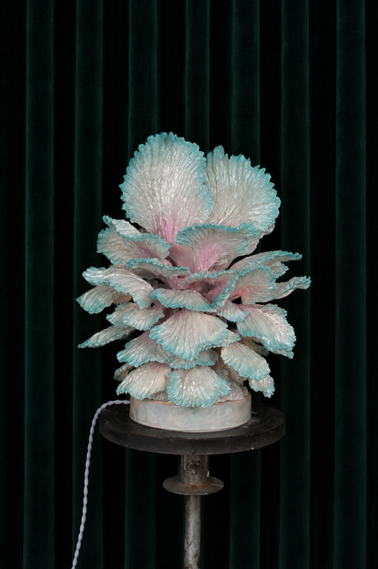 CHINESE RESTAURANT 33 — sculptural table lamp by Teemu Salonen, hand-finished petals in pale pink and white with teal tips, LED light, unique