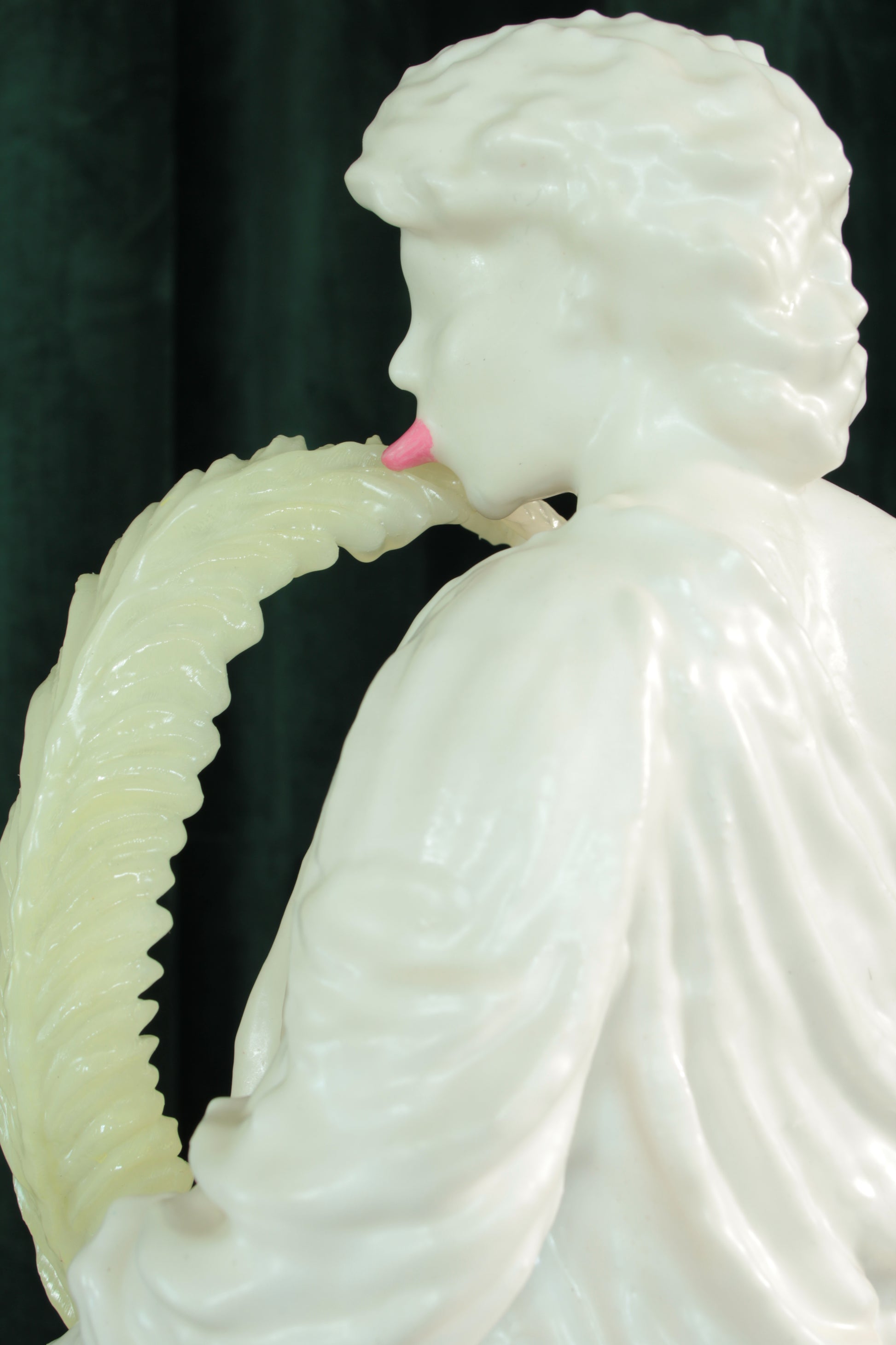 LEAF LICKER nro. 1 — freestanding sculpture by Teemu Salonen, classical figure with organic flowers, biopolymer and resin, 2025