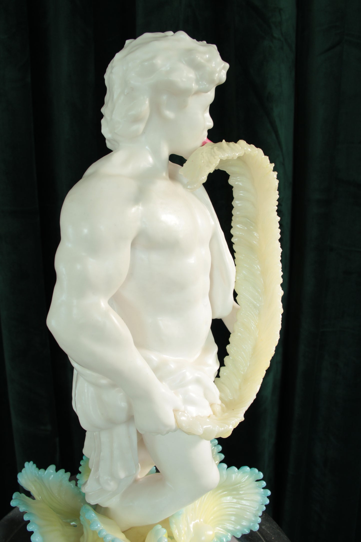 LEAF LICKER nro. 1 — freestanding sculpture by Teemu Salonen, classical figure with organic flowers, biopolymer and resin, 2025