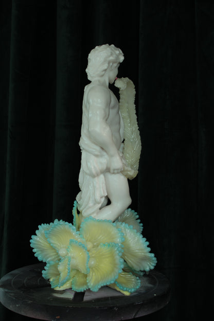 LEAF LICKER nro. 1 — freestanding sculpture by Teemu Salonen, classical figure with organic flowers, biopolymer and resin, 2025