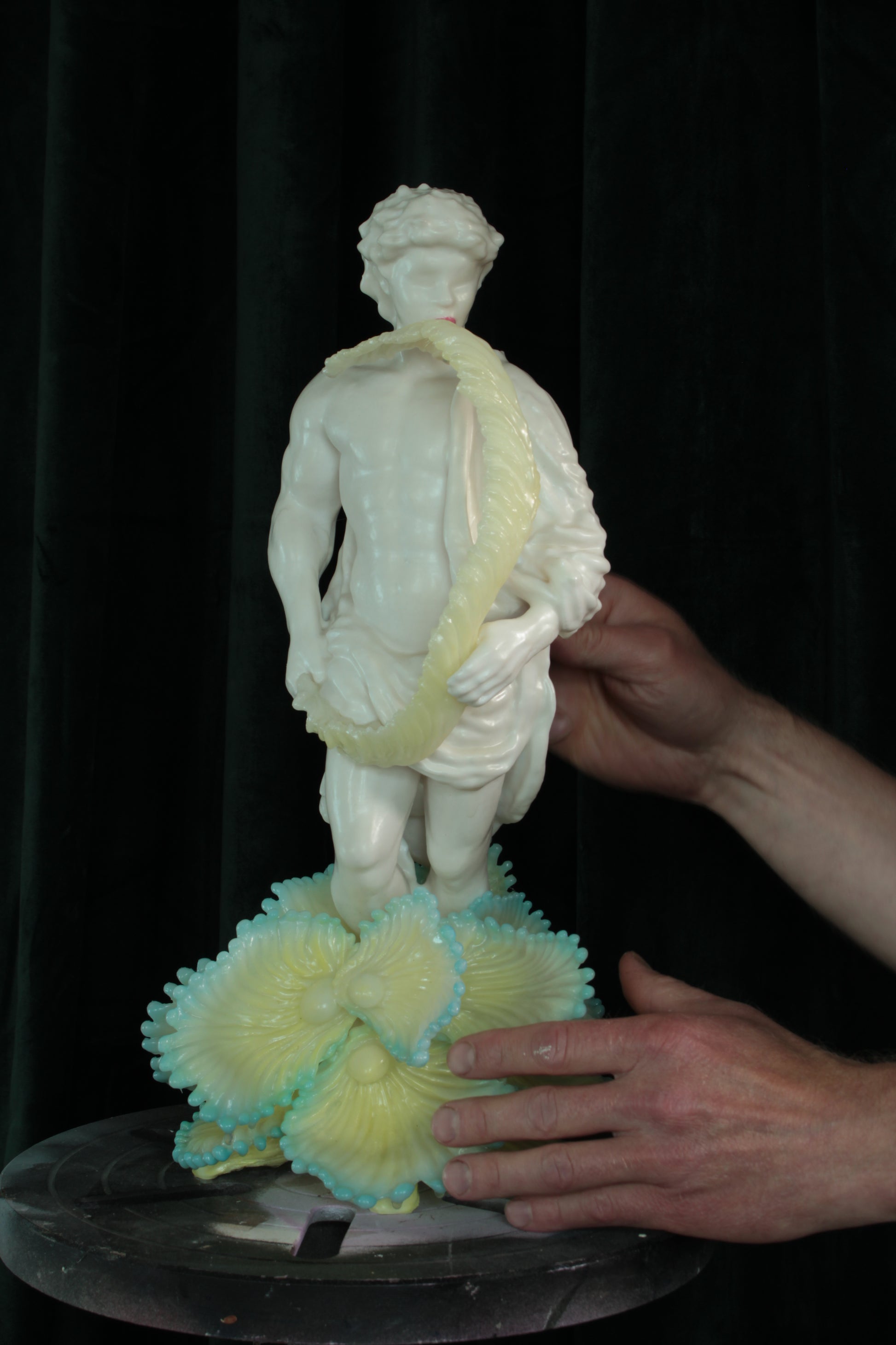 LEAF LICKER nro. 1 — freestanding sculpture by Teemu Salonen, classical figure with organic flowers, biopolymer and resin, 2025