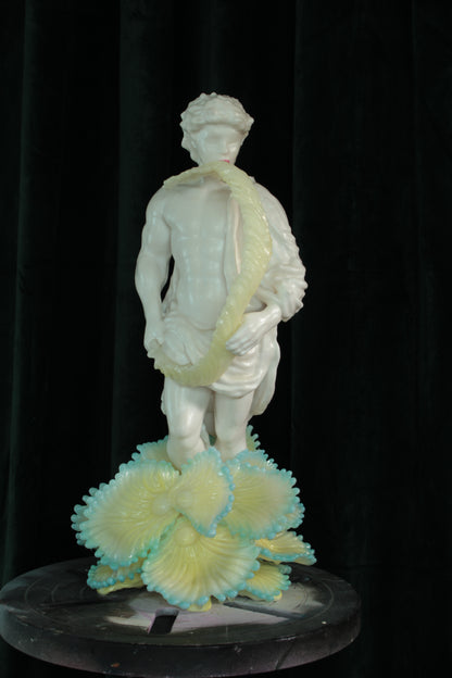 LEAF LICKER nro. 1 — freestanding sculpture by Teemu Salonen, classical figure with organic flowers, biopolymer and resin, 2025