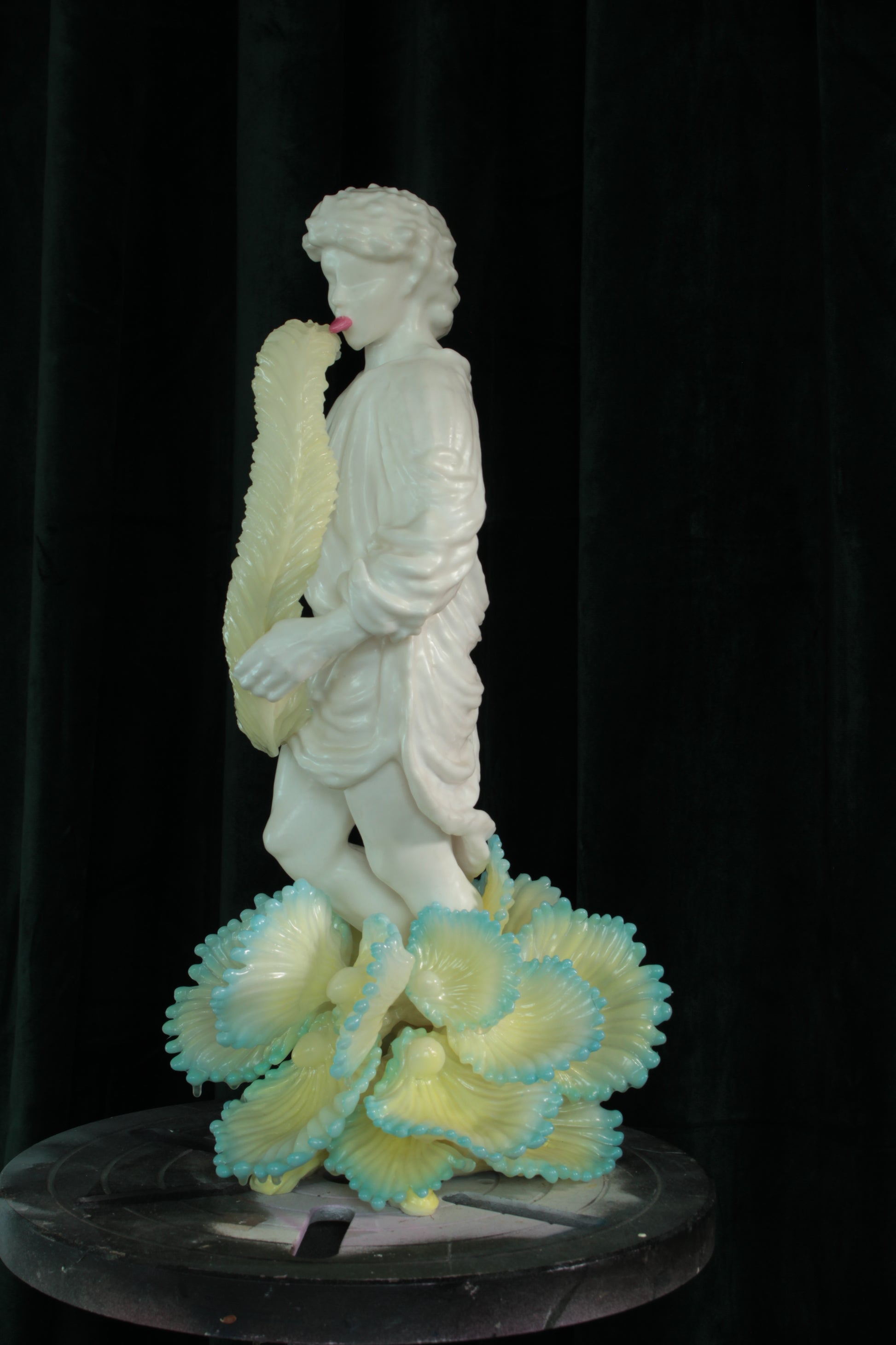 LEAF LICKER nro. 1 — freestanding sculpture by Teemu Salonen, classical figure with organic flowers, biopolymer and resin, 2025