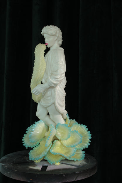 LEAF LICKER nro. 1 — freestanding sculpture by Teemu Salonen, classical figure with organic flowers, biopolymer and resin, 2025