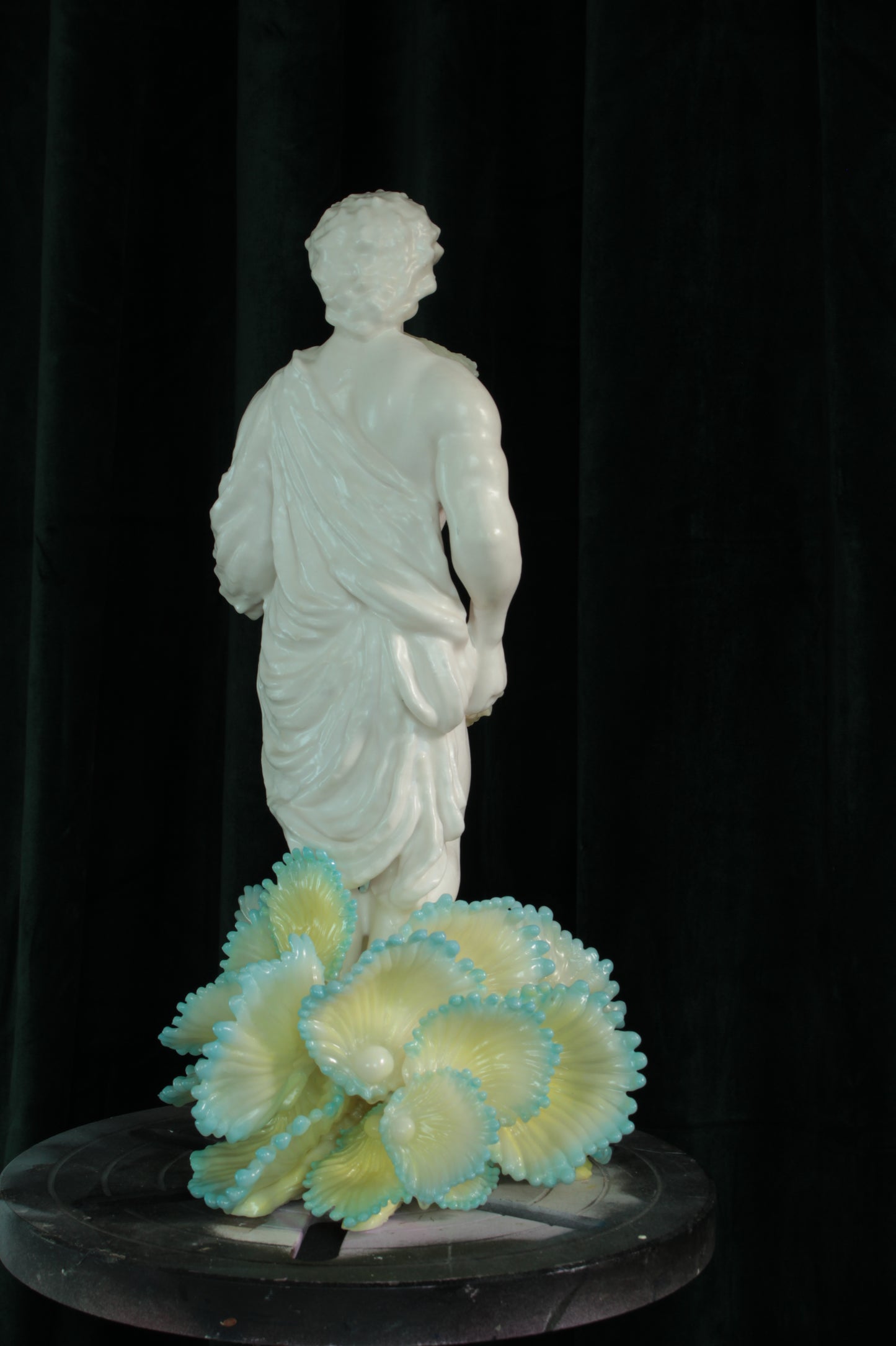LEAF LICKER nro. 1 — freestanding sculpture by Teemu Salonen, classical figure with organic flowers, biopolymer and resin, 2025