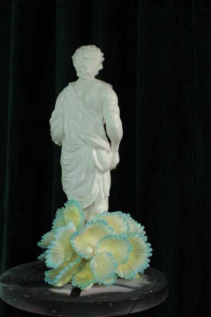 LEAF LICKER nro. 1 — freestanding sculpture by Teemu Salonen, classical figure with organic flowers, biopolymer and resin, 2025