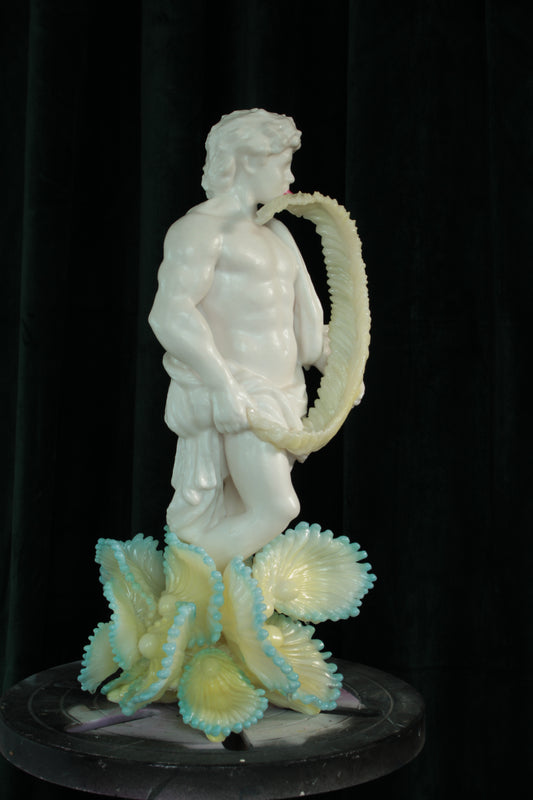 LEAF LICKER nro. 1 — freestanding sculpture by Teemu Salonen, classical figure with organic flowers, biopolymer and resin, 2025