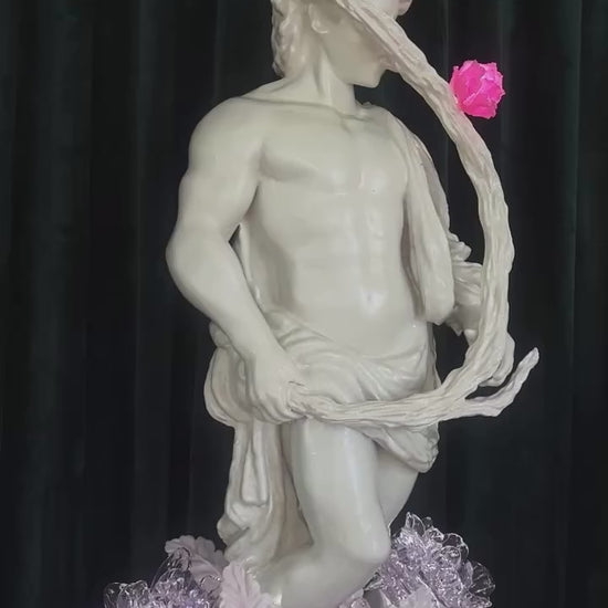 Video of 'Stick Licker in the Flowers' by Teemu Salonen, a wall-mounted contemporary sculpture featuring blown glass flowers, LED light, fiberglass composite and 3D-printed biocomposite elements.
