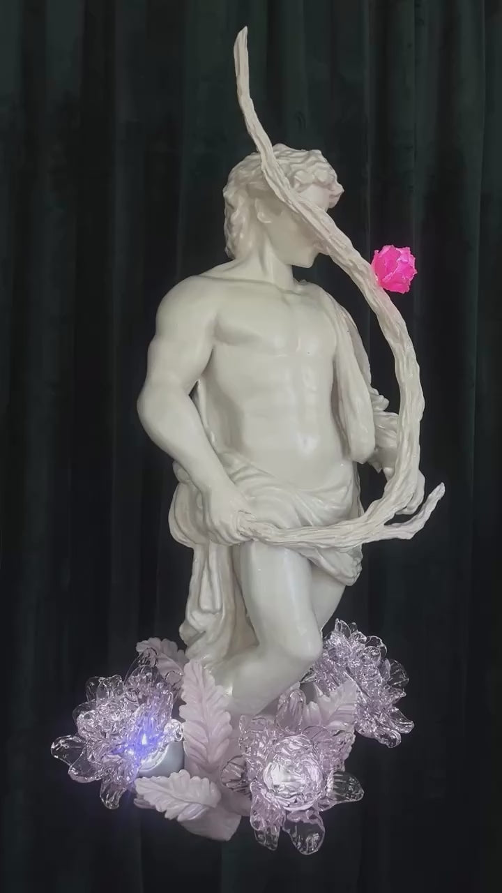 Video of 'Stick Licker in the Flowers' by Teemu Salonen, a wall-mounted contemporary sculpture featuring blown glass flowers, LED light, fiberglass composite and 3D-printed biocomposite elements.
